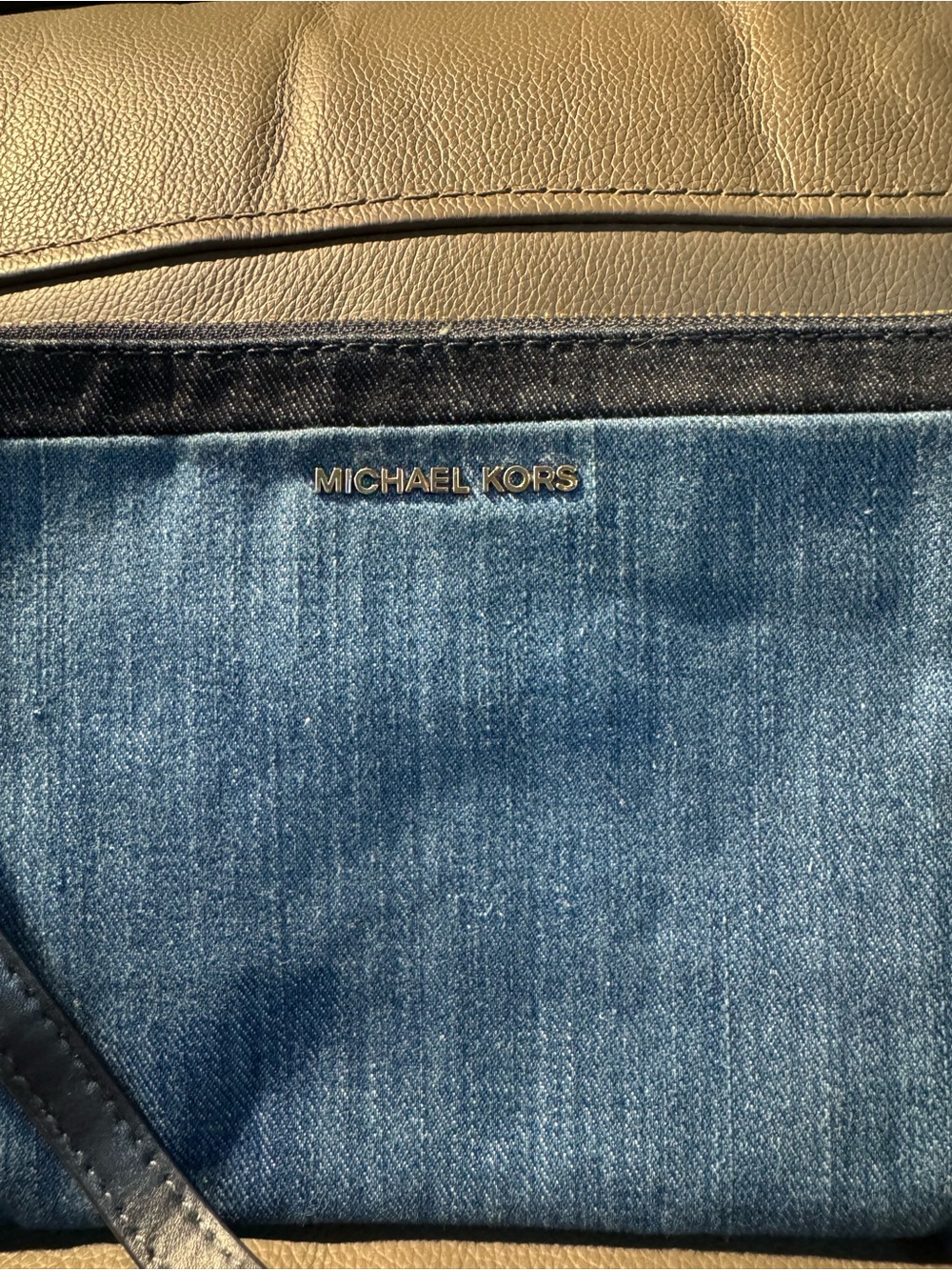 Michael Kors large denim wristlet with card compartments